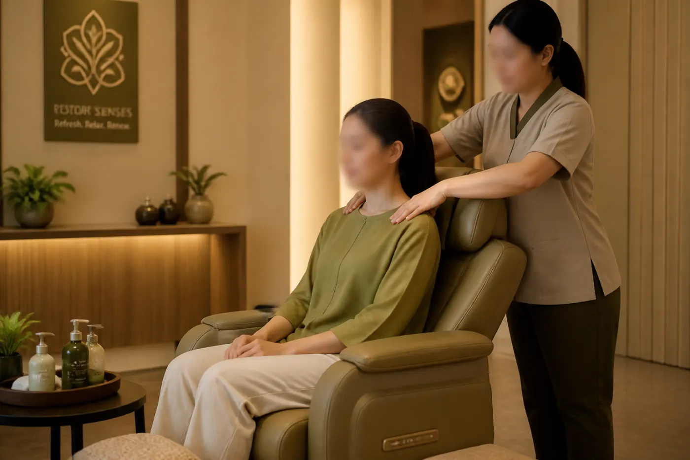Guest receiving a seated upper-body therapy